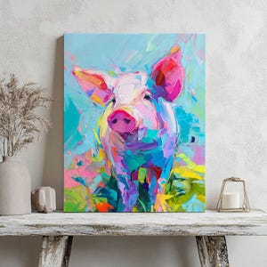 Vibrant Pig Canvas Art: Colorful Farmhouse Animal Portrait