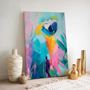 Vibrant Parrot Canvas Art, Colorful Bird Wall Decor, Tropical Macaw Home Accent, Eco-Friendly Gift for Nature Lovers, Bright Wall Art
