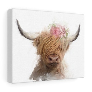 Cute Highland Cow Flower Crown Canvas Artwork, Beautiful Wildlife Art, Cow Animal Nature Gift, Wild Home Decor, Lovely Wall Art