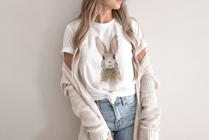 Cute Women's Rabbit Tee, Adorable Bunny Lover Shirt, Animal Watercolor Art T-shirt Gift zdjęcie 1