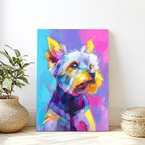 Colorful Dog Canvas Art Print, Yorkshire Terrier Pet Lover Home Decor, Gift for Dog Owners, Wall Art Dog Lovers, Modern Animal Portrait