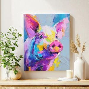 Colorful Pig Canvas Art: Whimsical Farmhouse Wall Decor