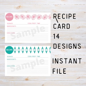 Puede incluir: Dos plantillas de tarjetas de recetas imprimibles. La plantilla superior tiene un borde floral rosa y la plantilla inferior tiene un borde geométrico turquesa. Ambas plantillas tienen la palabra "RECETA" en un círculo en la parte superior e incluyen secciones para "SIRVE", "INGREDIENTES", "INSTRUCCIONES" y "TIEMPO DE COCINAR/PREPARAR". El texto "TARJETA DE RECETA 14 DISEÑOS ARCHIVO INSTANTÁNEO" también está incluido en la imagen.