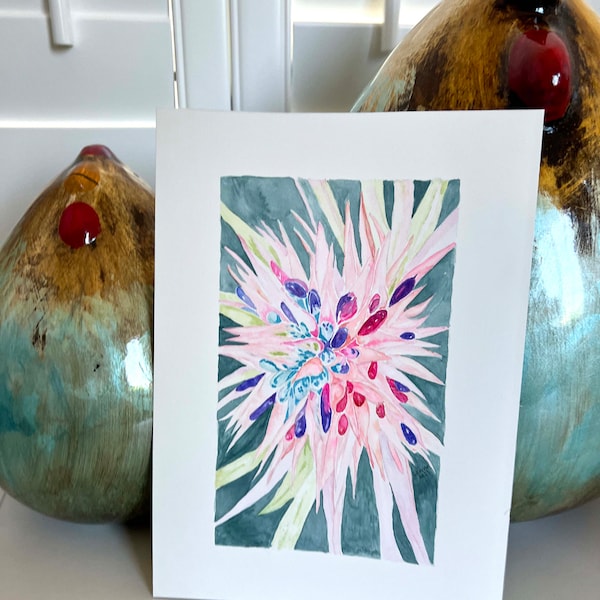 Silver Vase Bromeliad Bloom Original Watercolor Painting Art