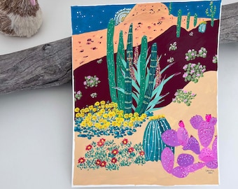 Desert Spring Original Gouache Watercolor Painting Art