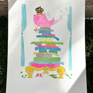 La princesa y el guisante original acuarela pintura arte 5x7