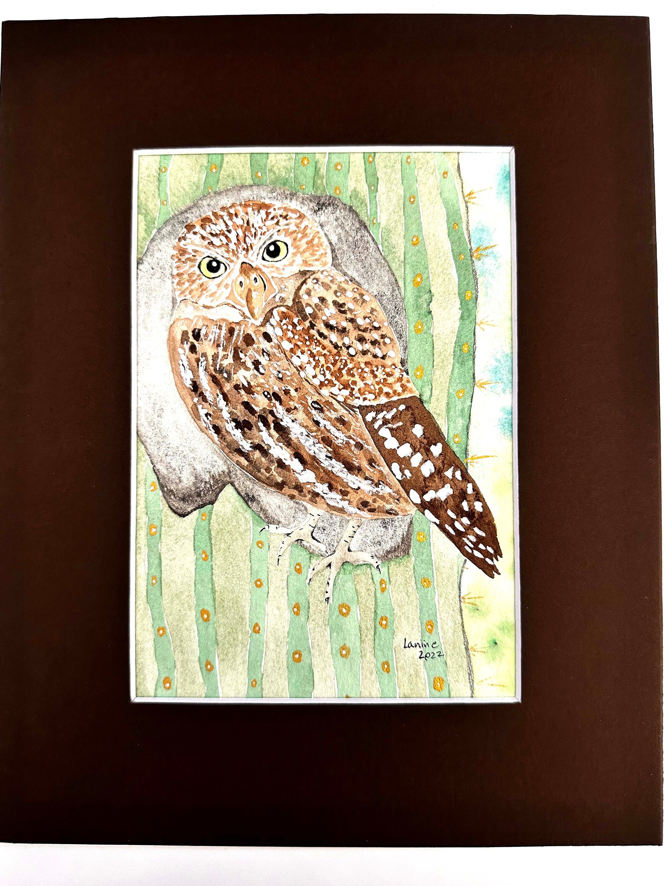 Cactus Pygmy Owl Original Signed Watercolor Painting Art with Dark Brown Mat 8x10