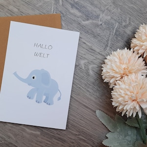 Karte zur Geburt "Hallo Welt", Elefant, Mädchen, Junge, Geburt, Glückwunsch, Karte, handmade, Geschenk