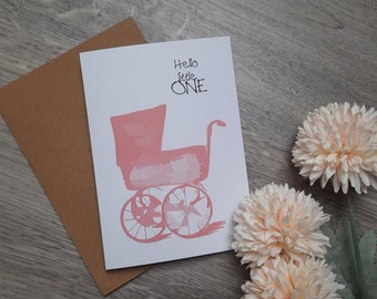 Karte zur Geburt "Hello little One", Kinderwagen Mädchen, Geburt, Glückwunsch, Karte, handmade, Geschenk