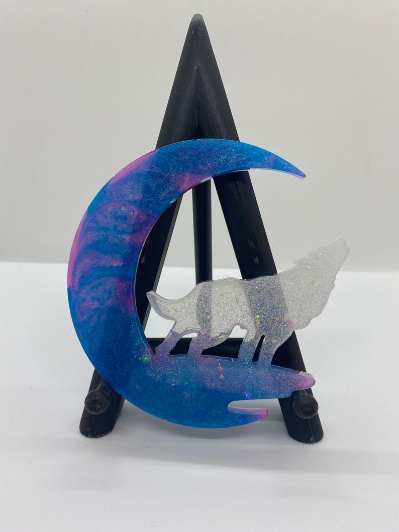 Pink /& Blue Wolf over the Moon