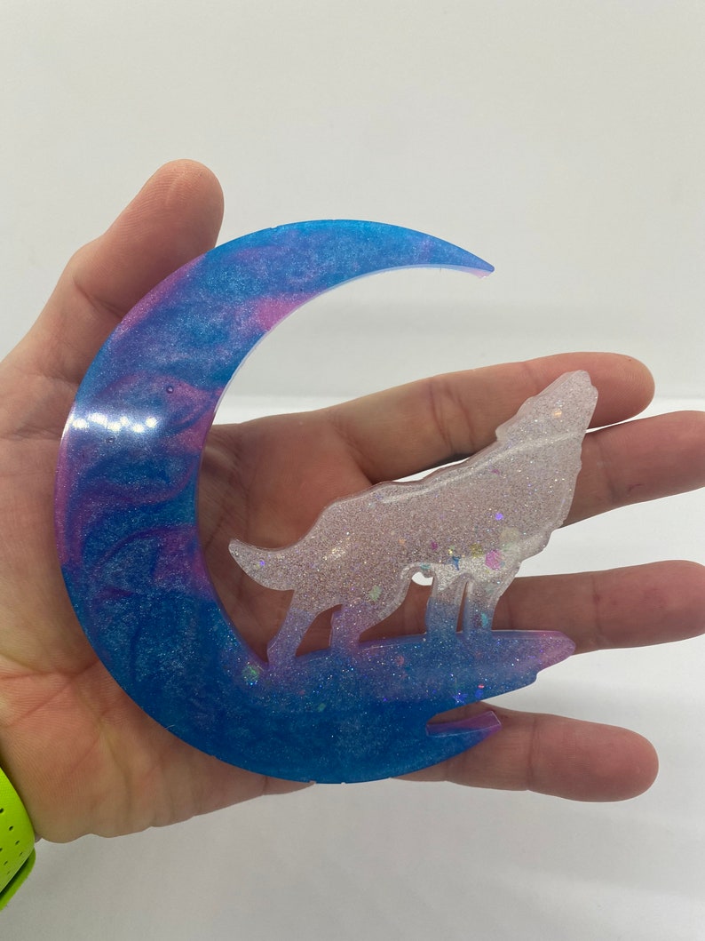 Pink /& Blue Wolf over the Moon