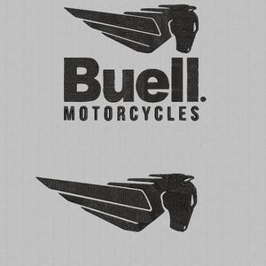 May include: Black embroidered logo of a stylized winged horse head and the word "Buell" above "Motorcycles" in a sans-serif font. The design is repeated below the text. The background is a light gray fabric.