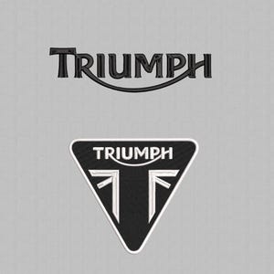 May include: Two embroidered patches featuring the word "TRIUMPH". The top patch is the word in black, stylized lettering. The bottom patch is a black triangle with white trim, the word "TRIUMPH" at the top, and a stylized design inside.