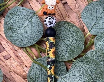 Penna con perline a forma di mucca delle Highlands, articoli di cancelleria western a tema mucca, simpatico regalo con animali da fattoria, penna a inchiostro con perline fatta a mano, regalo a tema mucca delle Highlands per lei