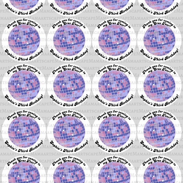 Disco Ball Thank You Stickers, Birthday Party Favor Stickers, Canva Template, Taylor Swift Inspired Party Tags