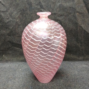Vintage Signed Bertil Vallien, Kosta Boda Iridescent Pink Vase with White Etched Pattern