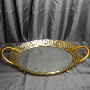 Oval Glass Dish or Platter in Metal Stand with Handles