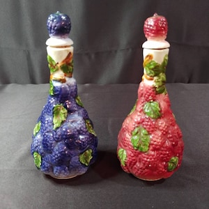 Vintage Glass 2 Piece Oil and Vinegar Purple/Red Fruit Design