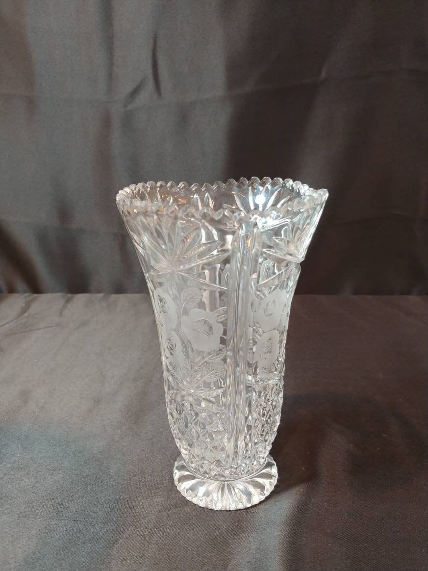 Vintage Cut Glass Flower Etched Vase With Sawtooth Edge Etsy