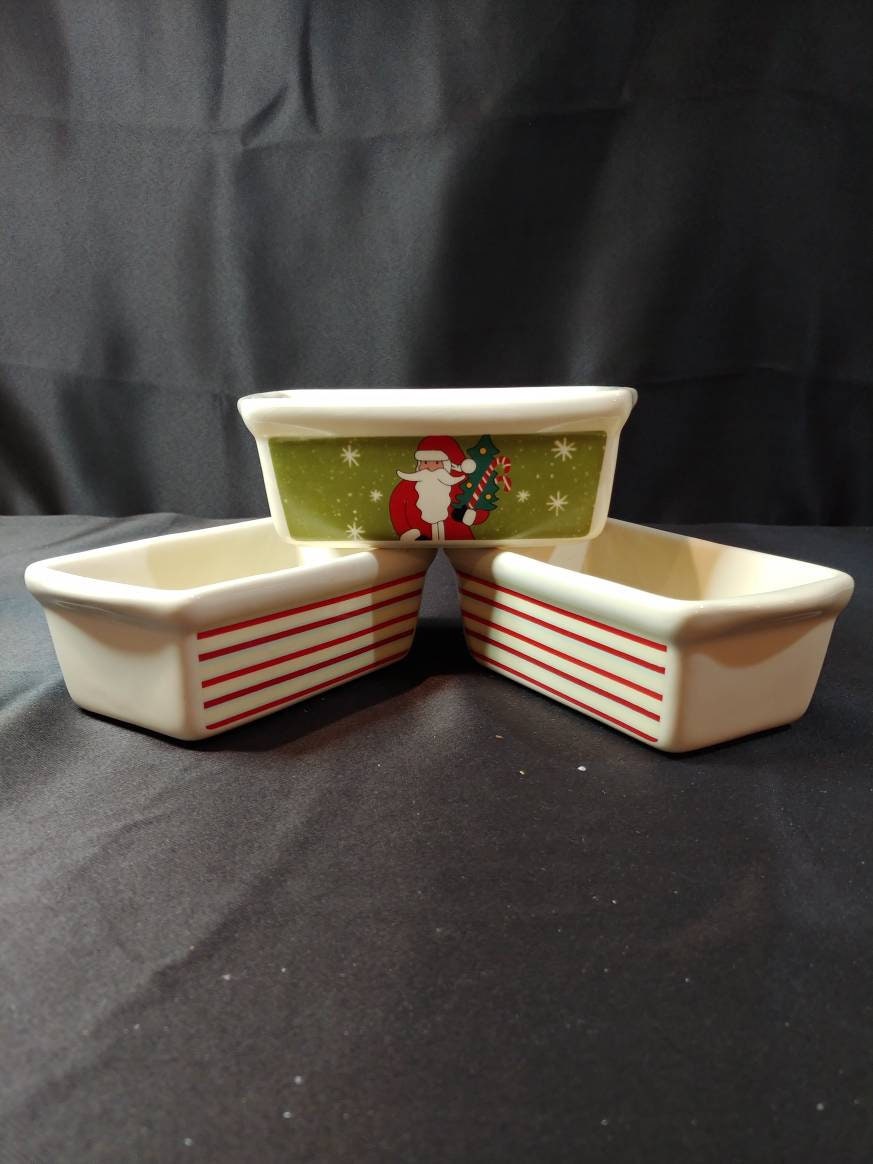 Mini Ceramic Bread Loaf Pan Christmas Holiday tree candy cane stocking red  green