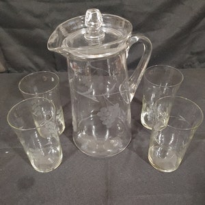 Grape Etched Glass Slender Lemonade Pitcher with Lid and 4 matching glasses