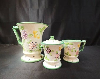 Vintage Haldon Group 1989 Pitcher, Creamer & Sugar Bowl - Purple, Pink, Yellow Flower with Vine Handle
