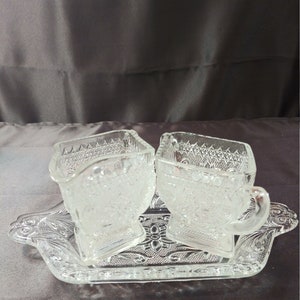 Diamond Shape Creamer and Sugar with tray Sandwich Clear by INDIANA GLASS
