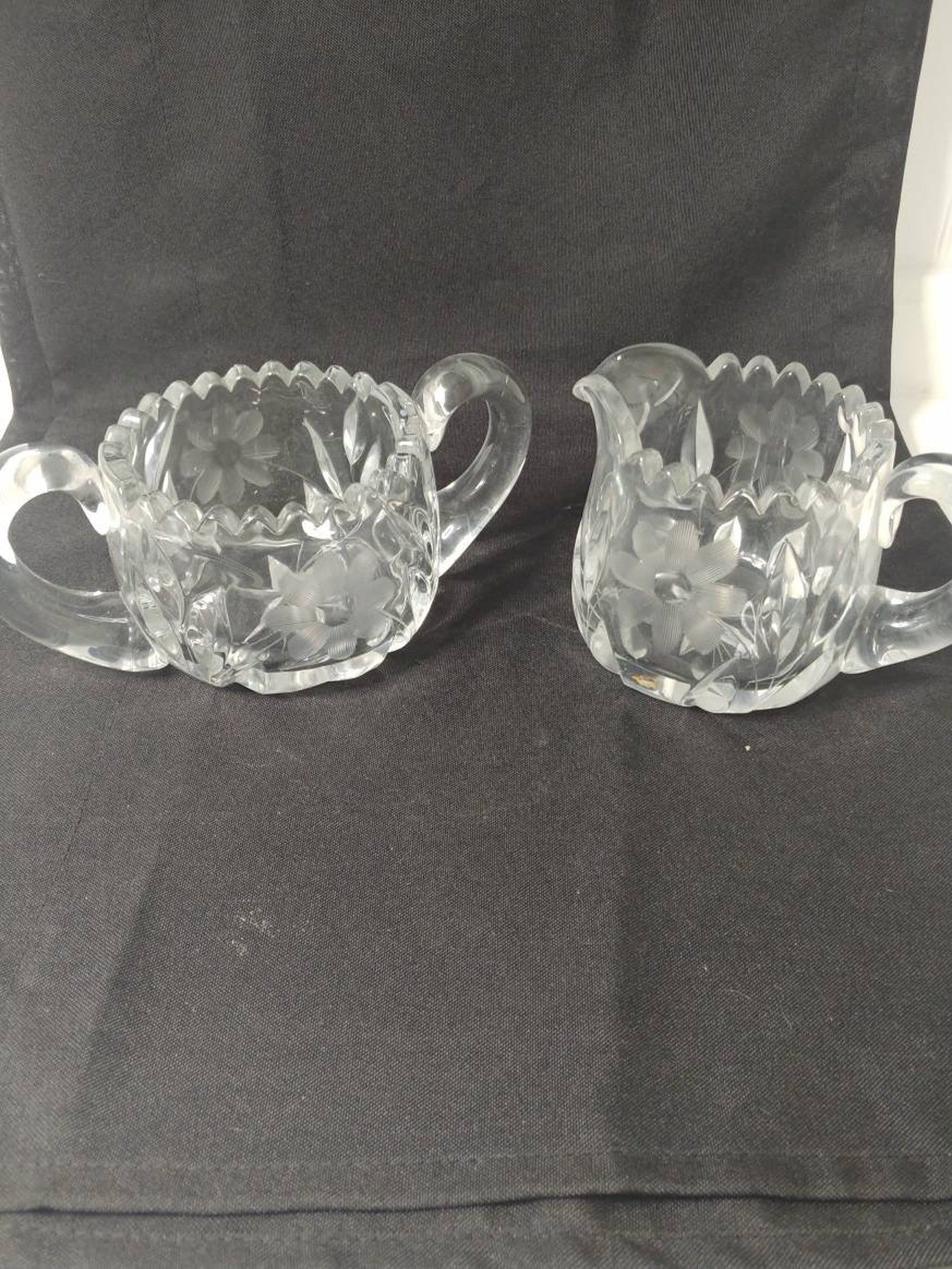Vintage Sawtooth Cut Glass Creamer and Sugar Dish Set Etsy