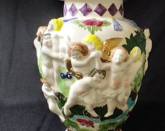 Vintage Hand Painted Angel or Cherub Vase or Urn with Lid