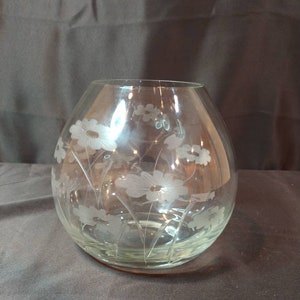 Vintage Glass Fishbowl Vase with Etched Flowers