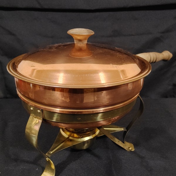 Vintage Copper Chafing Dish with Wooden Handle