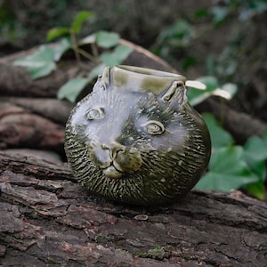 May include: A green and grey ceramic vase, sculpted in the shape of an animal's face, possibly a cat or rabbit. The vase is placed on a weathered log, with a blurred background of foliage. The details include facial features.