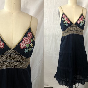 Wonderful Size S, M, L Vintage Dead Stock Reproduction Embroidered Peasant Boho Dress in Soft Batiste Deep Blue Cotton