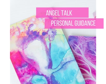 May include: Two watercolour painted cards with abstract designs in shades of pink, purple, blue, and yellow. The cards have the text "Angel Talk Personal Guidance" printed on them.