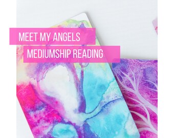 May include: Two watercolour cards with abstract designs in shades of pink, blue, and purple. The top card has the text "MEET MY ANGELS MEDIUMSHIP READING" in pink.