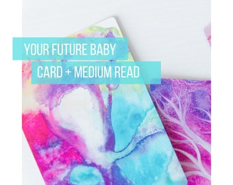 May include: Two watercolour cards with abstract designs in shades of pink, blue, and purple. The text "YOUR FUTURE BABY CARD + MEDIUM READ" is printed on the top card.