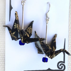 Origami cranes earrings ~ Folded paper cranes in black and gold on silver wire