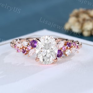 Oval cut Moissanite engagement ring rose gold Amethyst engagement ring Marquise diamond 3/4 eternity twisted pink sapphire Anniversary ring