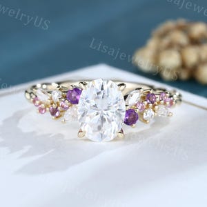 Oval Moissanite engagement ring yellow gold Amethyst engagement ring Marquise diamond 3/4 eternity twisted pink sapphire Anniversary ring