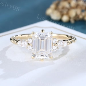 Emerald cut Moissanite engagement ring 14K yellow gold engagement ring Marquise diamond 3/4 eternity twisted ring Anniversary promise ring