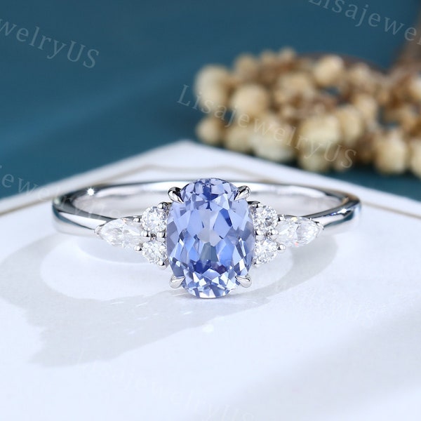 Cornflower Blue Sapphire engagement ring Vintage white gold moissanite engagement ring Dainty Marquise cut diamond ring Bridal Promise ring