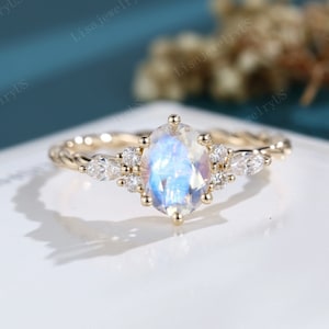 Oval cut Moonstone engagement ring vintage 14K gold Marquise Moissanite ring art deco twisted Bridal diamond ring anniversary ring