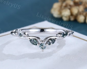 Marquise cut Moosachat Trauring geschwungener Vintage 14k Weißgold Ehering Unikat 3/4 Eternity Brautschmuck