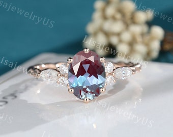Oval Alexandrite engagement ring Solid rose gold vintage engagement ring dainty marquise cut diamond unique Twisted ring Bridal promise ring