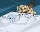 Oval cut Aquamarine engagement ring set Vintage White gold engagement ring set Solid gold diamond art deco twisted bridal set promise gift