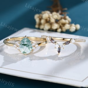 Pear Shaped Moss Agate engagement ring set Solid yellow gold Vintage ring set Art deco alexandrite band Bridal gift Anniversary promise ring