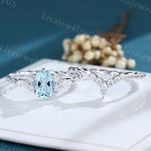 Oval cut Aquamarine engagement ring set Vintage White gold engagement ring set Solid gold diamond art deco twisted bridal set promise gift