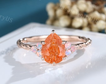 Pear shaped Sunstone engagement ring vintage Opal engagement ring Rose gold Cluster engagement ring 3/4 eternity twisted Anniversary ring