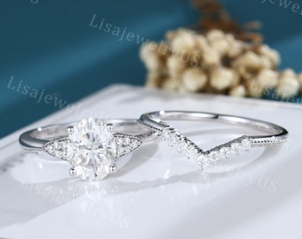 Oval cut Moissanite engagement ring set Vintage engagement ring set White gold engagement ring set Art deco Dainty Unique Bridal promise set