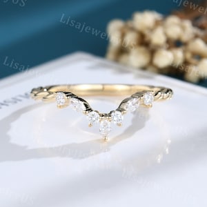 Moissanite wedding band Curved wedding band Yellow gold wedding band vintage Marquise Unique 3/4 eternity twisted band Bridal Promise band